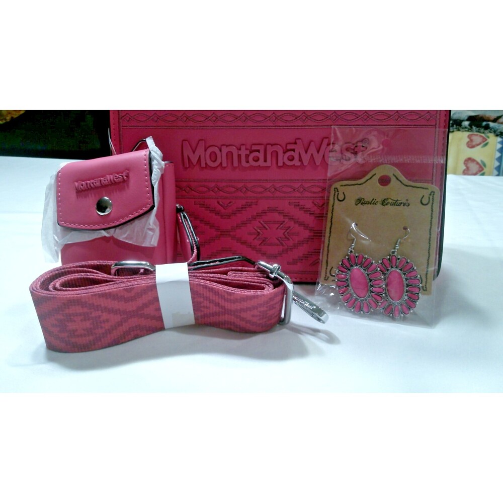Pink Montana West Embroidered Aztec Tote Bag w/ Coin bag, Earings, Shoulder Strp - Picture 13 of 14